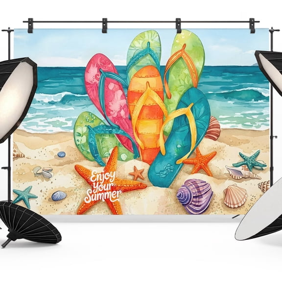 Photo Backdrop 5x7 ft Rainbow Flip Flops Photography Backdrops Curtains Wall Covering Summer Beach Sand Starfish Photo Booth Drapes for Backdrop Photoshoot Wedding Party Birthday Background Screen