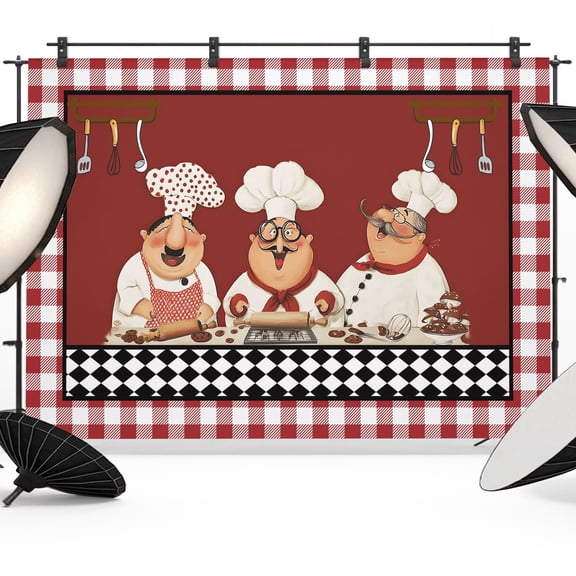 Photo Backdrop 5x7 ft Red Cooking Chefs Photography Backdrops Curtains Wall Covering Funny Cooker Checked Plaid Photo Booth Drapes for Backdrop Photoshoot Wedding Party Birthday Background Screen