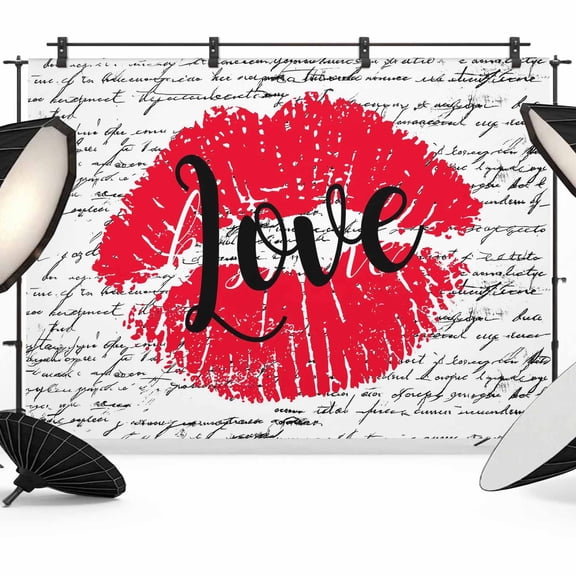 Photo Backdrop 5x7 ft Red Love Lipprint Photography Backdrops Curtains Picture Wall Covering Lip White Text Photo Booth Drapes for Backdrop Photoshoot Wedding Party Birthday Background Screen