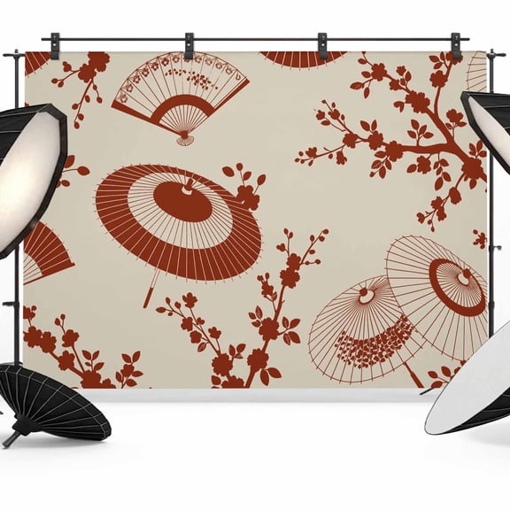 Photo Backdrop 5x7 ft Red Paper Fan Photography Backdrops CurtainsCherry Blossom Branch Japanese Style Photo Booth Drapes for Backdrop Photoshoot Wedding Party Birthday Background Screen