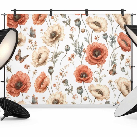 Photo Backdrop 5x7 ft Red Poppy Photography Backdrops Curtains Picture Wall Covering Butterfly Vibrant Wildflower Photo Booth Drapes for Backdrop Photoshoot Wedding Party Birthday Background Screen
