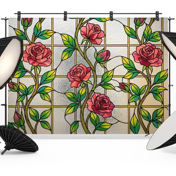 Photo Backdrop 5x7 ft Red Roses Vines Photography Backdrops Curtains Wall Covering Floral Branches Stained Glass Photo Booth Drapes for Backdrop Photoshoot Wedding Party Birthday Background Screen