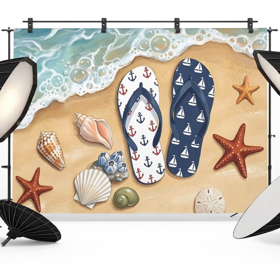 Photo Backdrop 5x7 ft Sandy Beach Flip Flops Photography Backdrops Curtains Wall Covering Coastal Starfish Shell Photo Booth Drapes for Backdrop Photoshoot Wedding Party Birthday Background Screen