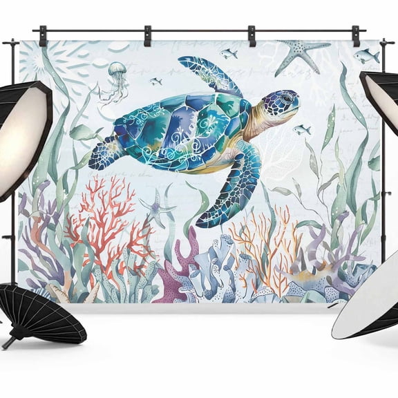 Photo Backdrop 5x7 ft Sea Turtle Photography Backdrops Curtains Picture Wall Covering Ocean Coral Seagrass Photo Booth Drapes for Backdrop Photoshoot Wedding Party Birthday Background Screen
