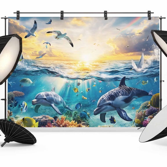 Photo Backdrop 5x7 ft Shark Seagull Photography Backdrops Curtains Wall Covering Coral Fish Ocean Marine Life Photo Booth Drapes for Backdrop Photoshoot Wedding Party Birthday Background Screen