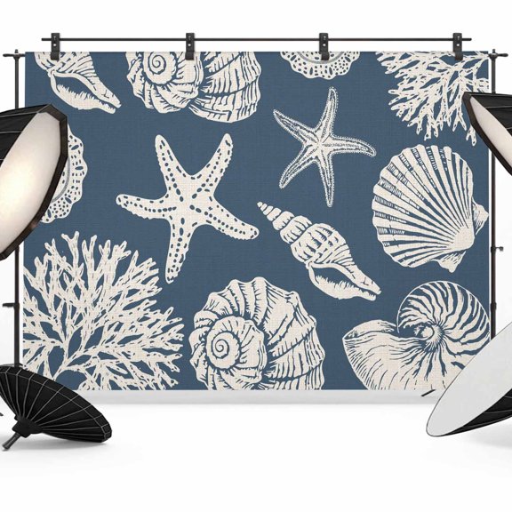 Photo Backdrop 5x7 ft Shell Starfish Photography Backdrops Curtains Picture Wall Covering Blue Coastal Coral Conch Photo Booth Drapes for Backdrop Photoshoot Wedding Party Birthday Background Screen