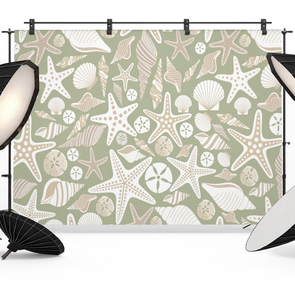 Photo Backdrop 5x7 ft Shell Starfish Photography Backdrops Curtains Wall Covering Ocean Conch Beach Sage Green Photo Booth Drapes for Backdrop Photoshoot Wedding Party Birthday Background Screen