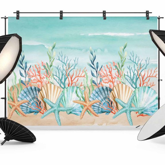 Photo Backdrop 5x7 ft Shell Starfish Photography Backdrops Curtains Wall Covering Ocean Coral Marine Life Teal Photo Booth Drapes for Backdrop Photoshoot Wedding Party Birthday Background Screen