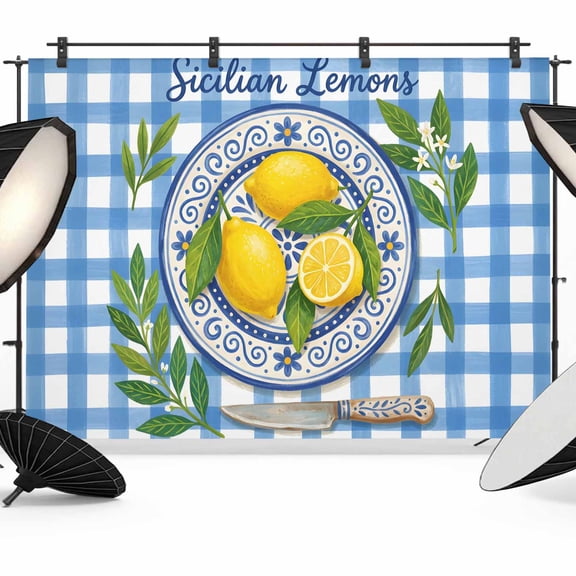 Photo Backdrop 5x7 ft Sicilian Lemon Photography Backdrops Curtains Wall Covering Summer Fruit Plate Blue Plaid Photo Booth Drapes for Backdrop Photoshoot Wedding Party Birthday Background Screen