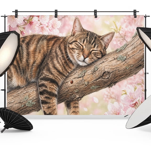 Photo Backdrop 5x7 ft Sleep CAT on BranchesPink Cherry Blossoms R Photography Backdrops Curtains Wall Covering Photo Booth Drapes for Backdrop Photoshoot Wedding Party Birthday Background Screen