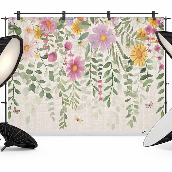 Photo Backdrop 5x7 ft Spring Floral Photography Backdrops Curtains Wall Covering Daisy Eucalyptus Leaves Linen Photo Booth Drapes for Backdrop Photoshoot Wedding Party Birthday Background Screen