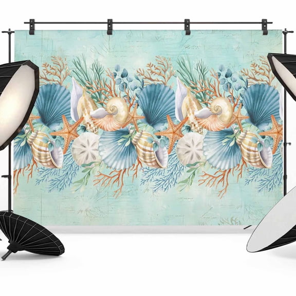 Photo Backdrop 5x7 ft Starfish Conch Shell Photography Backdrops CurtainsOcean Coral Seagrass Teal Green Photo Booth Drapes for Backdrop Photoshoot Wedding Party Birthday Background Screen