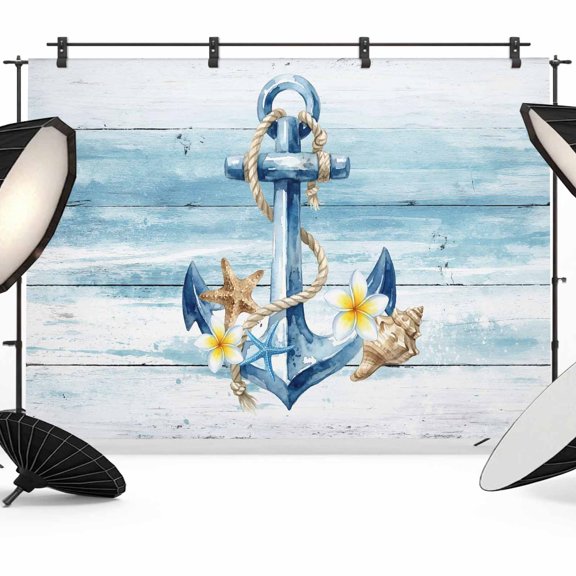 Photo Backdrop 5x7 ft Starfish Floral Nautical Anchor Photography Backdrops CurtainsRustic Blue Wood Grain Photo Booth Drapes for Backdrop Photoshoot Wedding Party Birthday Background Screen
