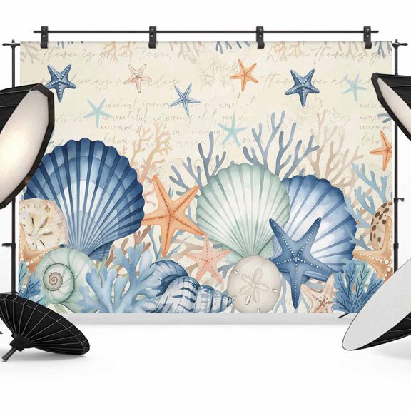 Photo Backdrop 5x7 ft Starfish Shell Conch Photography Backdrops CurtainsOcean Coral Marine Life Beige Photo Booth Drapes for Backdrop Photoshoot Wedding Party Birthday Background Screen