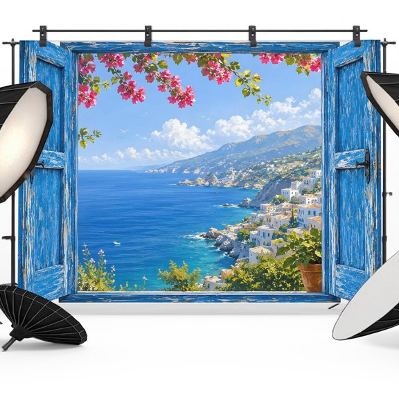 Photo Backdrop 5x7 ft Summer Beach Coastal Photography Backdrops Picture Wall Covering Scenery Window View Photo Booth Drapes for Backdrop Photoshoot Wedding Party Birthday Background Screen