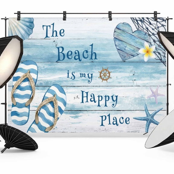 Photo Backdrop 5x7 ft Summer Flip Flops Photography Backdrops Curtains Wall Covering The Beach Is My Happy Place Photo Booth Drapes for Backdrop Photoshoot Wedding Party Birthday Background Screen