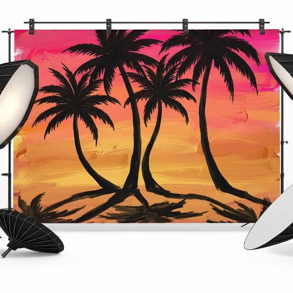 Photo Backdrop 5x7 ft Summer Palm Trees Photography Backdrops Curtains Wall Covering Pink Orange Sunset Sky Beach Photo Booth Drapes for Backdrop Photoshoot Wedding Party Birthday Background Screen