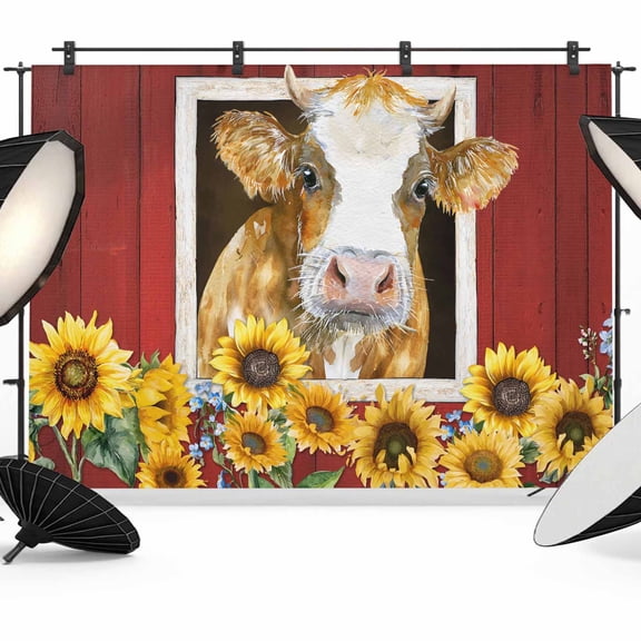 Photo Backdrop 5x7 ft Sunflower Cow Photography Backdrops Curtains Picture Wall Covering Farm Animal Barn Photo Booth Drapes for Backdrop Photoshoot Wedding Party Birthday Background Screen