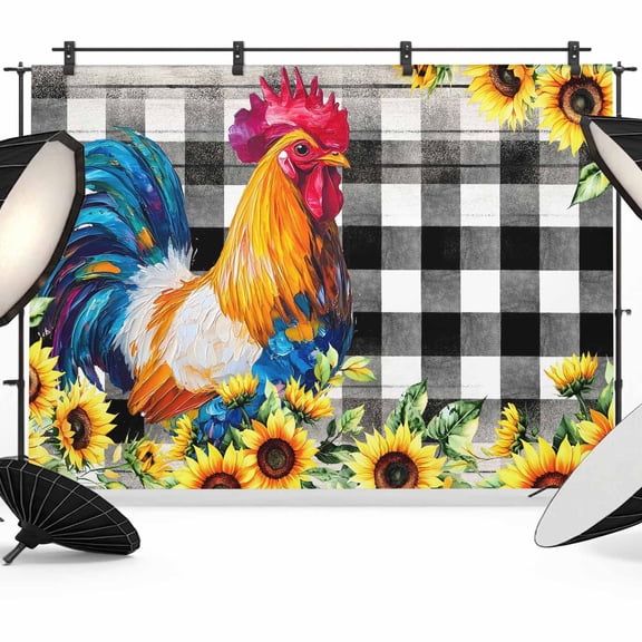 Photo Backdrop 5x7 ft Sunflower Rooster Photography Backdrops CurtainsFarm Animal Black Buffalo Plaid Photo Booth Drapes for Backdrop Photoshoot Wedding Party Birthday Background Screen