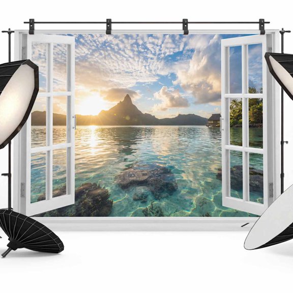 Photo Backdrop 5x7 ft Sunset Sky Window View Photography Backdrops Picture Wall Covering Clear Lake Water Mountain Photo Booth Drapes for Backdrop Photoshoot Wedding Party Birthday Background Screen