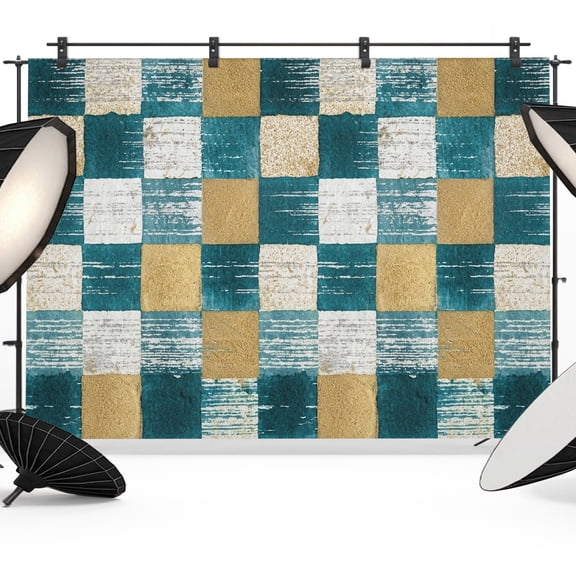 Photo Backdrop 5x7 ft Teal Gold Squares Block Photography Backdrops Curtains Wall Covering Geometric Checkerboard Photo Booth Drapes for Backdrop Photoshoot Wedding Party Birthday Background Screen