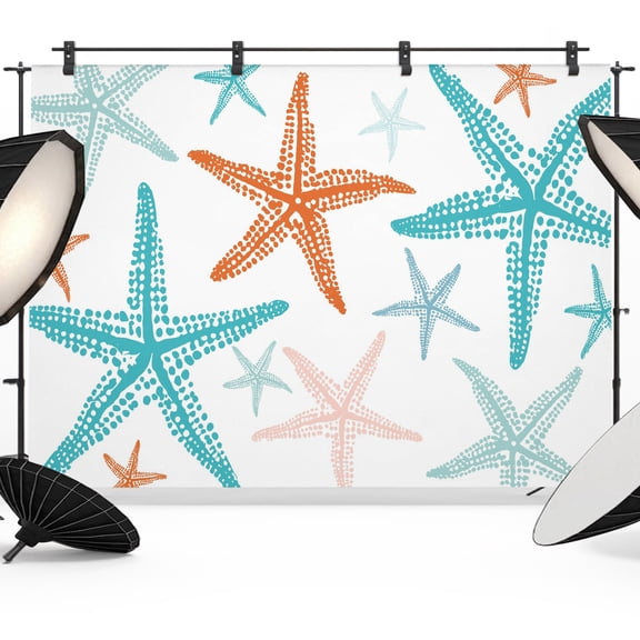 Photo Backdrop 5x7 ft Teal Orange Starfish Photography Backdrops Curtains Wall Covering Summer Beach Coastal Photo Booth Drapes for Backdrop Photoshoot Wedding Party Birthday Background Screen