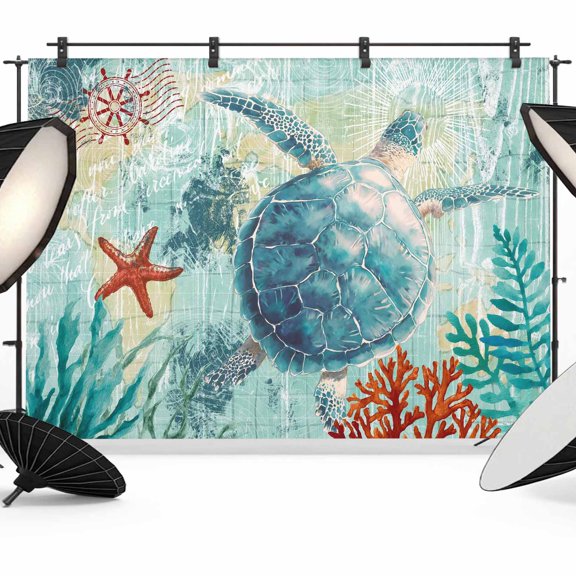 Photo Backdrop 5x7 ft Teal Sea Turtle Photography Backdrops Curtains Wall Covering Anchor Coral Ocean Marine Life Photo Booth Drapes for Backdrop Photoshoot Wedding Party Birthday Background Screen