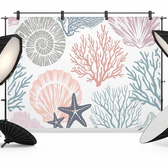 Photo Backdrop 5x7 ft Teal Starfish Shell Photography Backdrops Curtains Picture Wall Covering Coastal Ocean Coral Photo Booth Drapes for Backdrop Photoshoot Wedding Party Birthday Background Screen