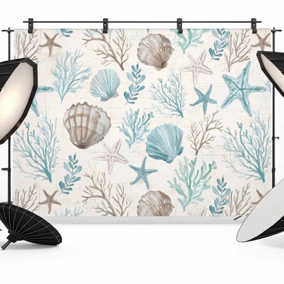Photo Backdrop 5x7 ft Teal Starfish Shell Photography Backdrops Curtains Wall Covering Coral Ocean Marine Life Photo Booth Drapes for Backdrop Photoshoot Wedding Party Birthday Background Screen