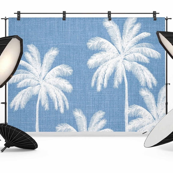 Photo Backdrop 5x7 ft Tropical Palm Trees Photography Backdrops Curtains Picture Wall Covering Blue Linen Coastal Photo Booth Drapes for Backdrop Photoshoot Wedding Party Birthday Background Screen