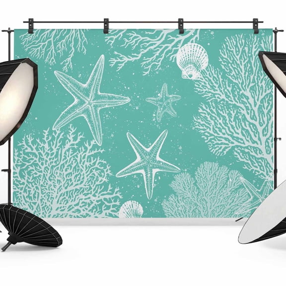 Photo Backdrop 5x7 ft Turquoise Coral Photography Backdrops Curtains Picture Wall Covering Ocean Starfish Shell Photo Booth Drapes for Backdrop Photoshoot Wedding Party Birthday Background Screen