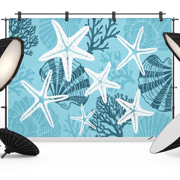Photo Backdrop 5x7 ft Turquoise Linen Ocean Starfish Photography Backdrops CurtainsCoastal Coral Conch Photo Booth Drapes for Backdrop Photoshoot Wedding Party Birthday Background Screen