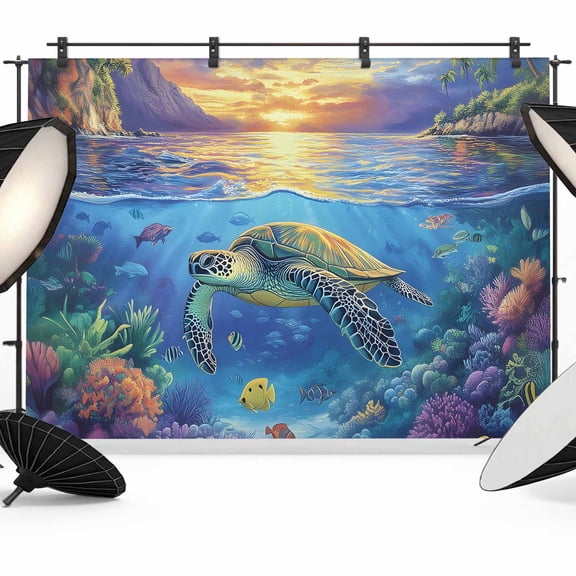 Photo Backdrop 5x7 ft Water World Photography Backdrops Curtains Wall Covering Turtles Corals Tropical Fish Photo Booth Drapes for Backdrop Photoshoot Wedding Party Birthday Background Screen