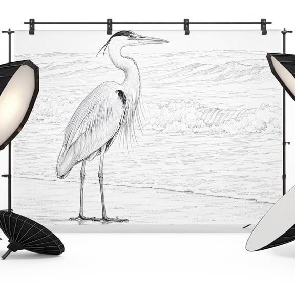 Photo Backdrop 5x7 ft White Egret Sketch Photography Backdrops Curtains Picture Wall Covering Coastal Beach Waves Photo Booth Drapes for Backdrop Photoshoot Wedding Party Birthday Background Screen