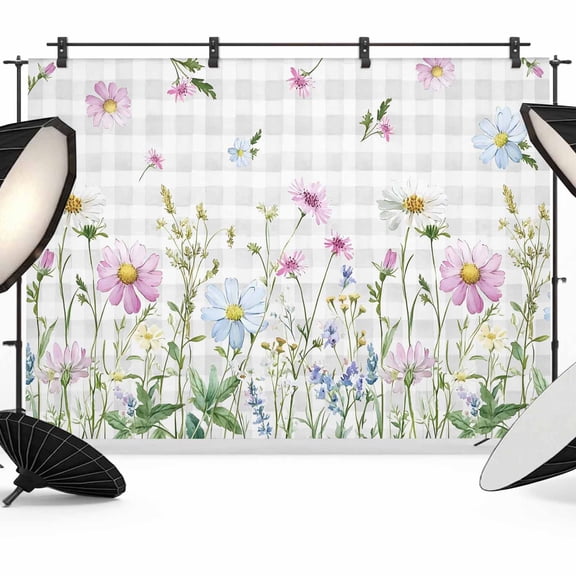Photo Backdrop 5x7 ft Wildflowers Photography Backdrops Curtains Wall Covering Floral Herbs Grey Buffalo Plaid Photo Booth Drapes for Backdrop Photoshoot Wedding Party Birthday Background Screen