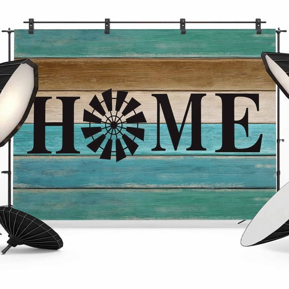 Photo Backdrop 5x7 ft Windmill Home Photography Backdrops Curtains Picture Wall Covering Teal Farmhouse Wood Grain Photo Booth Drapes for Backdrop Photoshoot Wedding Party Birthday Background Screen
