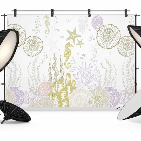 Photo Backdrop 5x7 ft Yellow Coral Photography Backdrops Curtains Picture Wall Covering Starfish HippocampusShell Photo Booth Drapes for Backdrop Photoshoot Wedding Party Birthday Background Screen