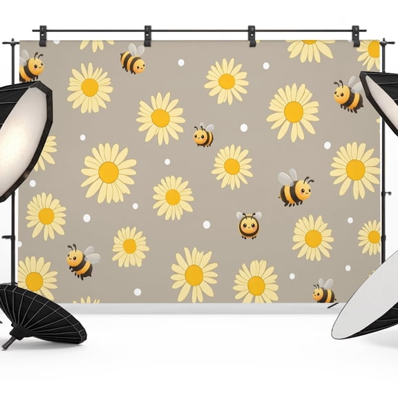 Photo Backdrop 5x7 ft Yellow Daisy Bee Photography Backdrops Curtains Picture Wall Covering Floral Polka Dots Grey Photo Booth Drapes for Backdrop Photoshoot Wedding Party Birthday Background Screen