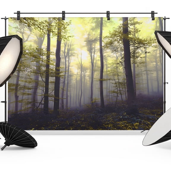 Photo Backdrop 5x7 ft Yellow Foggy Forest Photography Backdrops Curtains Wall Covering Misty Forest Trees Nature Photo Booth Drapes for Backdrop Photoshoot Wedding Party Birthday Background Screen