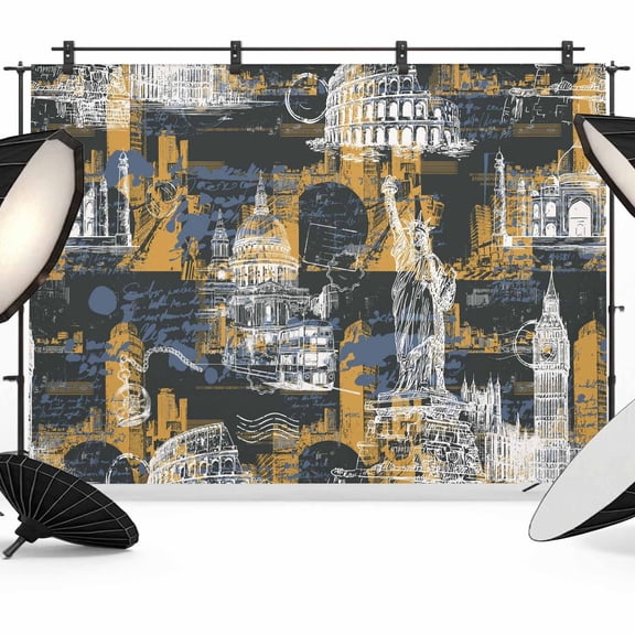 Photo Backdrop 8x10 ft Architecture Landscape Photography Backdrops CurtainsBlue Yellow Scenic Spots Photo Booth Drapes for Backdrop Photoshoot Wedding Party Birthday Background Screen