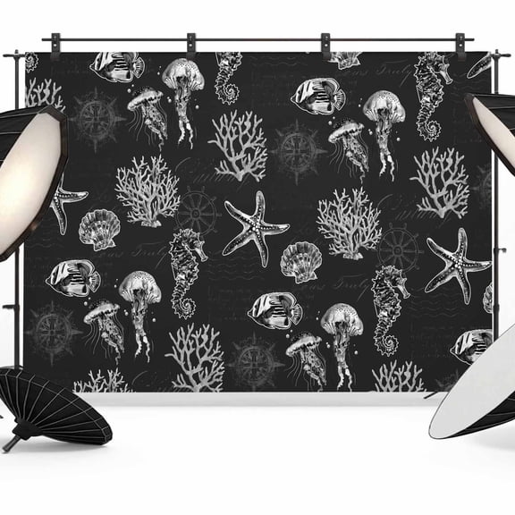 Photo Backdrop 8x10 ft Black Jellyfish Photography Backdrops Curtains Wall Covering Coral Starfish Seahorse Photo Booth Drapes for Backdrop Photoshoot Wedding Party Birthday Background Screen