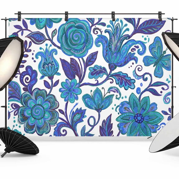 Photo Backdrop 8x10 ft Blue Bohemian Flower Photography Backdrops CurtainsBoho Exotic Floral Pattern Photo Booth Drapes for Backdrop Photoshoot Wedding Party Birthday Background Screen