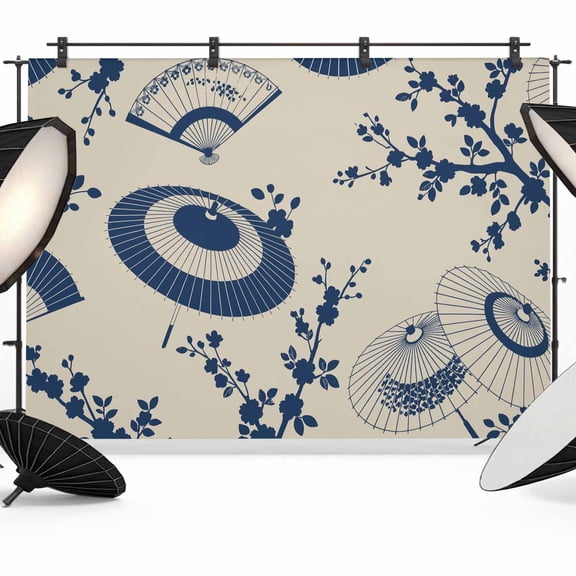 Photo Backdrop 8x10 ft Blue Paper Fan Photography Backdrops CurtainsCherry Blossom Branch Japanese Style Photo Booth Drapes for Backdrop Photoshoot Wedding Party Birthday Background Screen