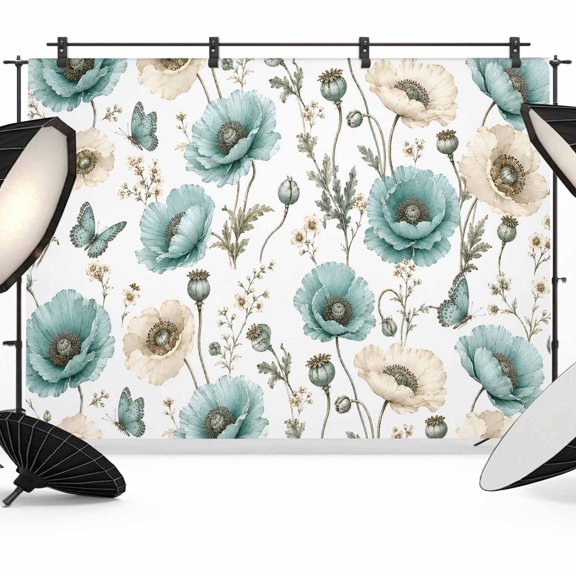 Photo Backdrop 8x10 ft Blue Poppy Photography Backdrops Picture Wall Covering Butterfly Vibrant Wildflower Photo Booth Drapes for Backdrop Photoshoot Wedding Party Birthday Background Screen