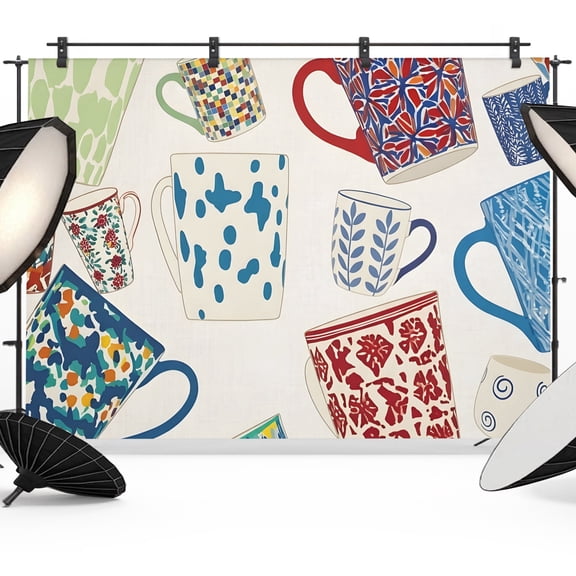 Photo Backdrop 8x10 ft Ceramic Mugs Photography Backdrops Curtains Picture Wall Covering Colorful Tea Cup Photo Booth Drapes for Backdrop Photoshoot Wedding Party Birthday Background Screen