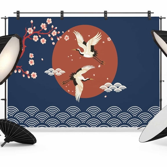 Photo Backdrop 8x10 ft Cherry Blossom Crane Photography Backdrops Curtains Wall Covering Japanese Blue Cloud Waves Photo Booth Drapes for Backdrop Photoshoot Wedding Party Birthday Background Screen
