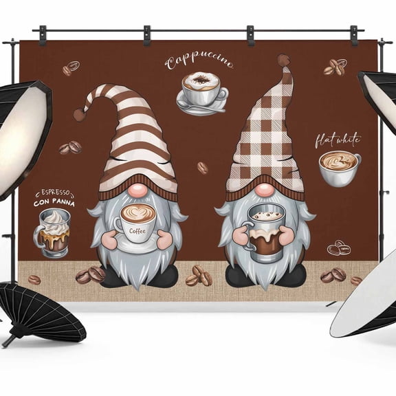 Photo Backdrop 8x10 ft Coffee Cup Gnome Photography Backdrops Curtains Picture Wall Covering Coffee Beans Brown Photo Booth Drapes for Backdrop Photoshoot Wedding Party Birthday Background Screen