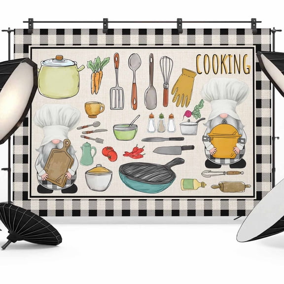 Photo Backdrop 8x10 ft Cooking Kitchenware Gnome Photography Backdrops CurtainsKitchen Tool Black Plaid Photo Booth Drapes for Backdrop Photoshoot Wedding Party Birthday Background Screen