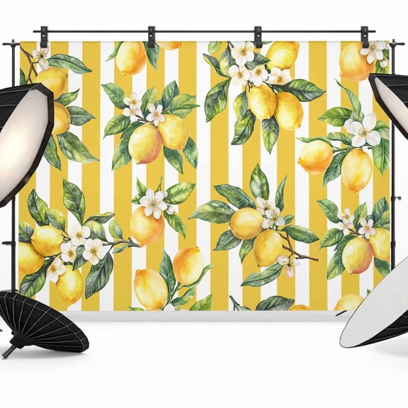 Photo Backdrop 8x10 ft Floral Lemon Photography Backdrops Curtains Wall Covering Fruit Leaves Yellow Stripes Photo Booth Drapes for Backdrop Photoshoot Wedding Party Birthday Background Screen