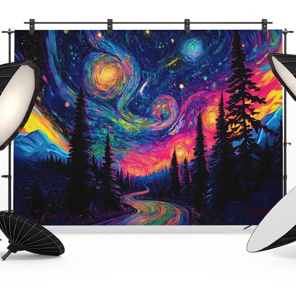 Photo Backdrop 8x10 ft Forest Path Swirling Sky Photography Backdrops CurtainsPink Star Moon Impressionist Photo Booth Drapes for Backdrop Photoshoot Wedding Party Birthday Background Screen
